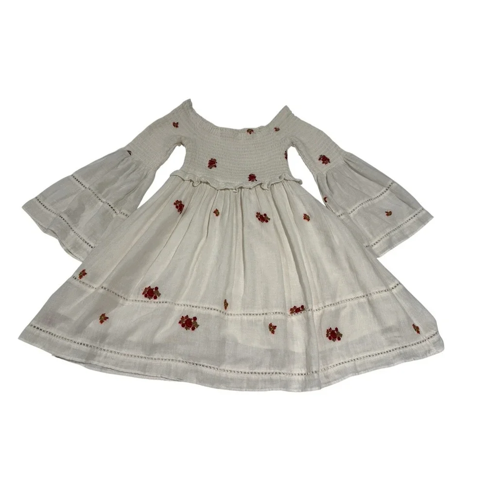 Free People Dress Women's S/P White Off Shoulder Bell‎ Sleeves Embroidered Boho